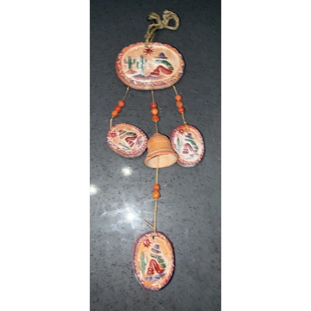 Vtg Southwestern Clay Pottery Wind Chime Desert Cactus Sombrero